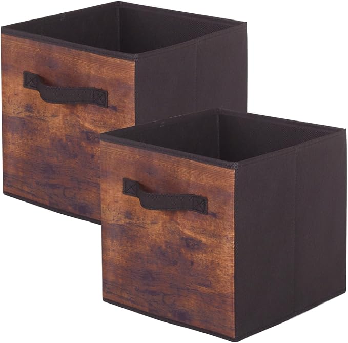 PowerKing Collapsible Storage Cubes, Farbic Storage Bins, Wood, 2 Pack | Sturdy, Lightweight, Easy Pull Handle, Closet & Shelf Organizer, Clothes and Toys Storage, 10.5'' x 11'' x 10.5''