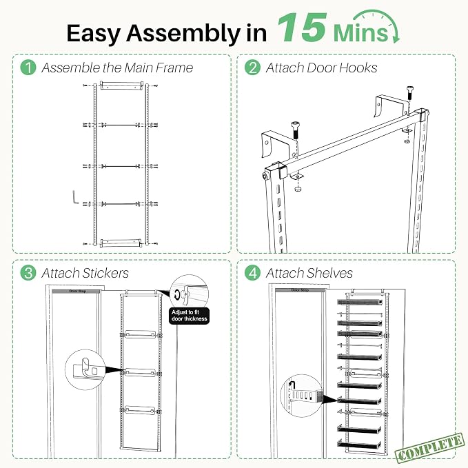 Narrow Over the Door Pantry Organizer - 8 Tiers Height Adjustable Pantry Organizers and Storage with Dense Mesh Baskets, Metal Spice Rack for Kitchen Bathroom (Black, 12.2"W x 4.6"D x 69.1"H)