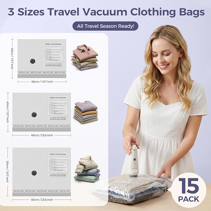 Travel Vacuum Bags with Electric Pump, Compression 15-Piece | 80% Space Saving for Clothes & Bedding, Fits Carry-On Suitcases, Reusable For Luggage, Closets, and Home Storage