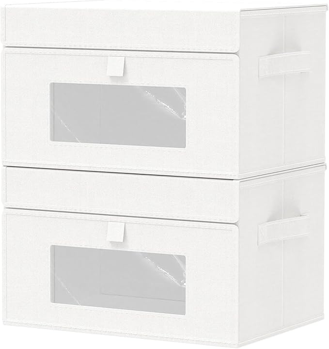 Storage Bins with Lids, Cube Organizer Basket with Window, Closet Boxes with Carrying 2 Handles and Sturdy PP Support Plate, 2 Pack, White, 13 x 9 x 7.9 In, XSNY17WM-2
