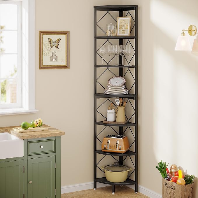 Tribesigns 7-Tier Corner Shelf, 78.7” Extra Tall Corner Bookcase, Industrial Slim Corner Bookshelf for Small Narrow Space, Wood Corner Shelf Stand Storage Rack for Living Room, Home Office