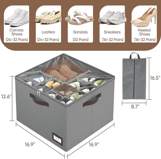 OIAHOMY 2 Pack Shoe Organizer for Closet, Large Foldable Shoe Storage Bins with Dividers and Reinforced Handles, Each Clear Cover Sneaker Box Fits Up to 16 Pairs for Entryway and Bedroom, Grey