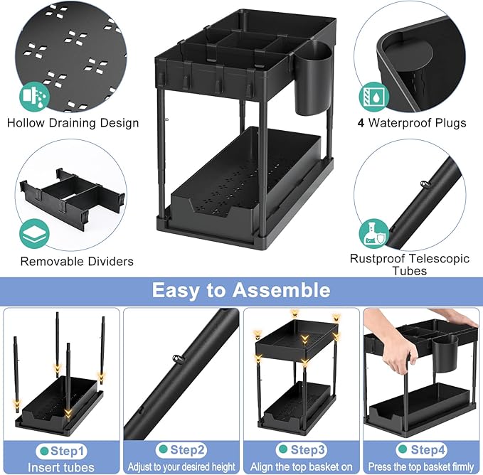 Under Sink Organizers and Storage, 2 Tier Black Bathroom Cabinet Organizer with 4-Height Adjustable Telescopic Tube,4 Removable Dividers,4 Hooks,1 Cup, Kitchen Under Sink Organizer,1 Pack
