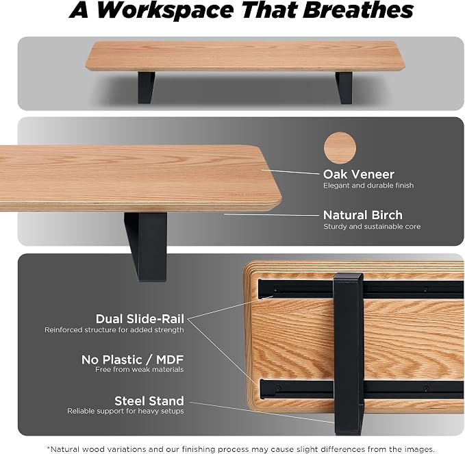 ULTRARM Moodular Wooden Monitor Stand Desk Organizer, Standard 33.4" Oak | Customizable Organized Workspace, Aluminum Slide Rails, 10 Add-Ons Sold Separately: Storage Drawer, Tablet, Phone & More