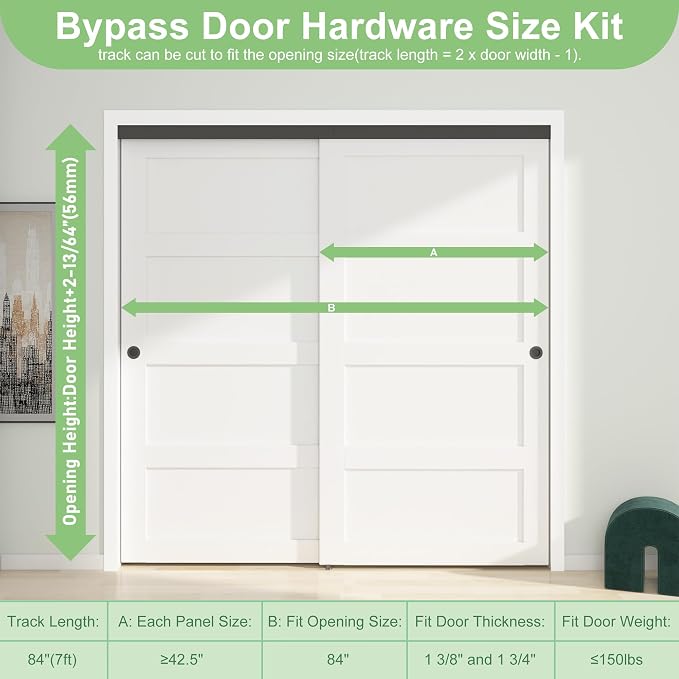 7FT/84(Double 3.5FT) Bypass Door Hardware, Aluminum Double-Closing Sliding Closet Door Hardware with Finger Pull Included, Smoothly and Quietly, Fit Door Thickness 1 3/8" or 1 3/4", Black