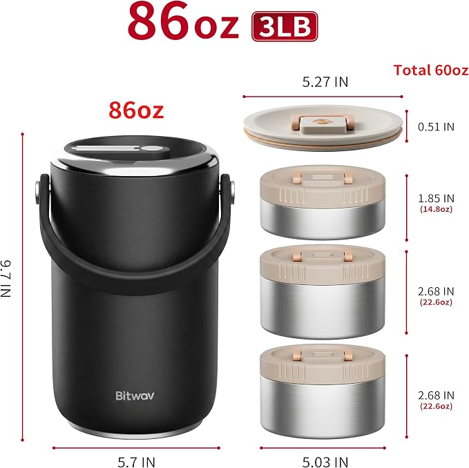 86oz Stainless Steel Vacuum Insulated Food Jar for Hot & Cold Food, Portable 3 Tier Stackable Bento Lunch Box, Wide Mouth Soup Thermos for Adults with Insulated Bag (Black, 86 Ounces)