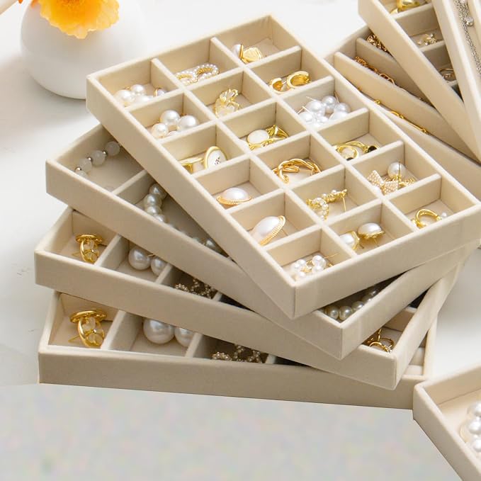 SPAKOWN Jewelry Trays Organizer for Drawer, 9 Set of Small Jewelry Display Case Storage Velvet Stackable Drawer Inserts Organizer for Necklaces Bracelets Earrings Rings (Beige)