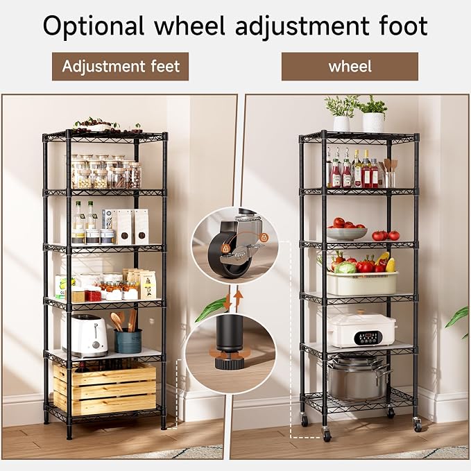 Golpart Small Shelves Storage Wire Metal Adjustable Shelf Unit with Wheels | 6 tier Shelving Organizers Storage Shelving for Bathroom Laundry Room Kitchen Pantry 11.7”D x 17.7”W x 61.6”H Black