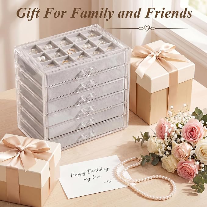 Clear Jewelry Organizer Earring Holder Organizer, Jewelry Box with 6 Drawers Clear Acrylic Stackable Earring Case with Adjustable Velvet Trays for Women and Girls, Grey