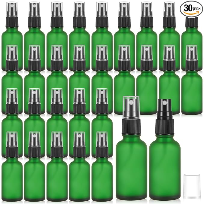 Roshtia 30 Pcs Glass Spray Bottle Clear Empty Bottles Small Refillable Reusable Perfume Bottle with Fine Mist Sprayer Pump for Face Body Travel(1 oz,Green)