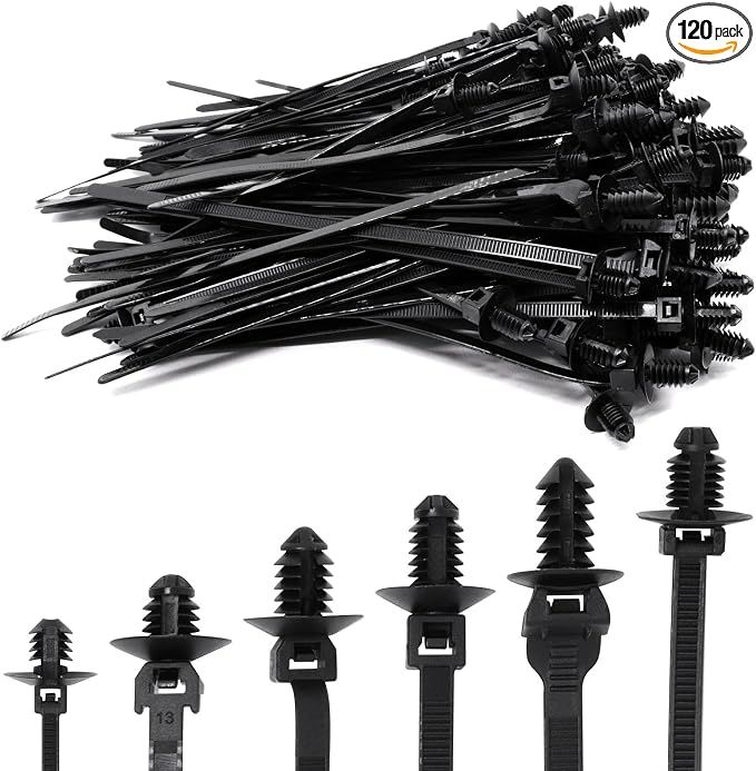 120 PCS Push Mount Zip Ties, Nylon Car Mount Wire Ties Snap in Cable Zip Ties, Black Push Mount Cable Ties Automotive Zip Ties Fastener Wire Harness Clips for Wire Tying (6-Types)