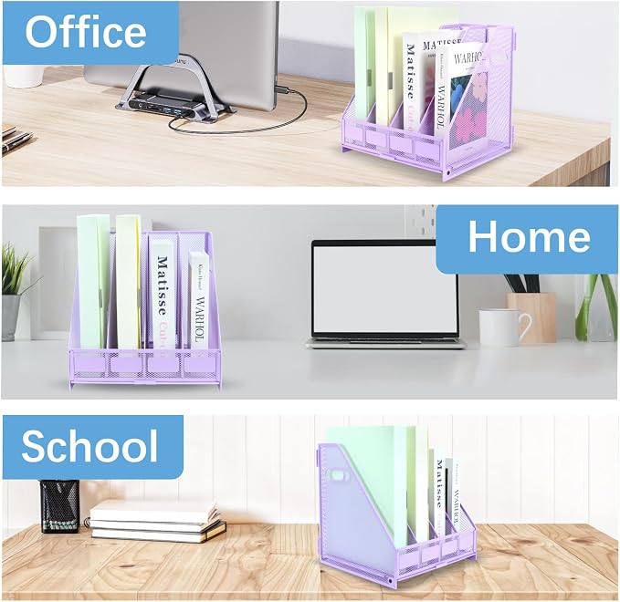 Desk Organizers Metal Magazine File Holder Racks Desktop Folder Storage Binder Organiser Document Organization for Home Office & Classroom,4 Vertical Compartments-Purple