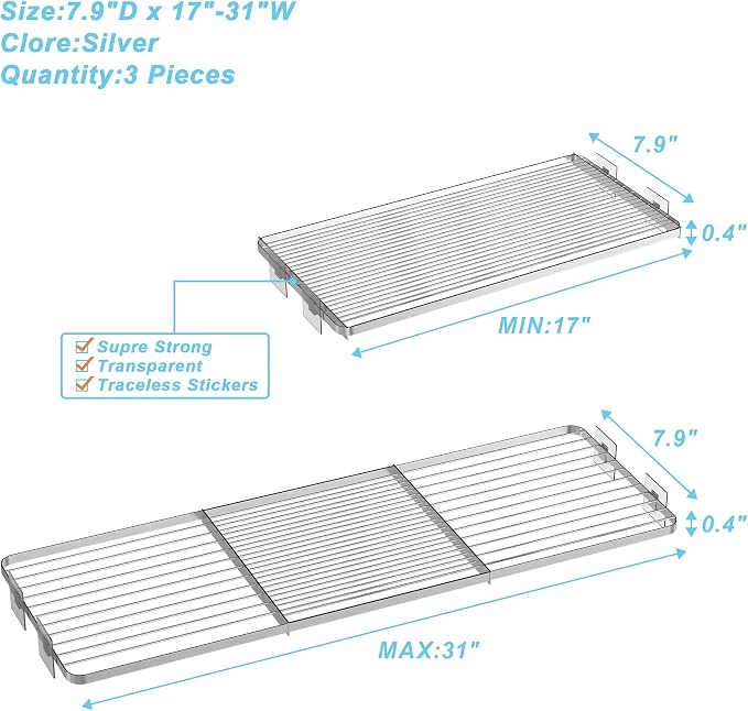 Rod Closet Shelves,Expandable-Large Metal Storage Racks,3 Packs DIY Dividers Separators for Cabinet Wardrobe Cupboard Pantry Kitchen Bathroom (Silver,7.9" D x 17"-31" W,3PCS)