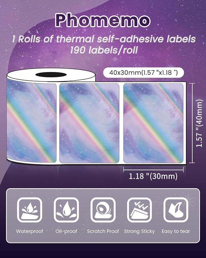Phomemo Thermal Labels - Purple Star Color Label for M110/M100/M220/M250/M108, 1 Roll 1.57"x1.18"(40x30mm) Thermal Labels, for Small Business/Home Use, Barcode, Address, Logo, Colthing Label, 190 PCS