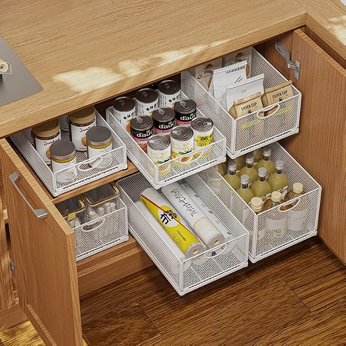 GC Sliding Cabinet Basket Organizer Drawer Self Adhesive Slide out Pantry Shelves Heavy Duty Carbon Steel Slide Cabinet Storage Basket with Handle for Bathroom Kitchen
