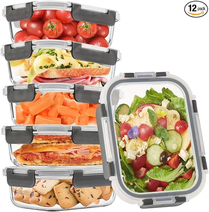 6pack 22oz Glass Meal Prep Containers with Airtight Lids, Lunch Containers | Portion Control Containers Set, Glass Food Storage Containers with Snap Lids, Freezer to Microwave Safe, Dishwasher Safe