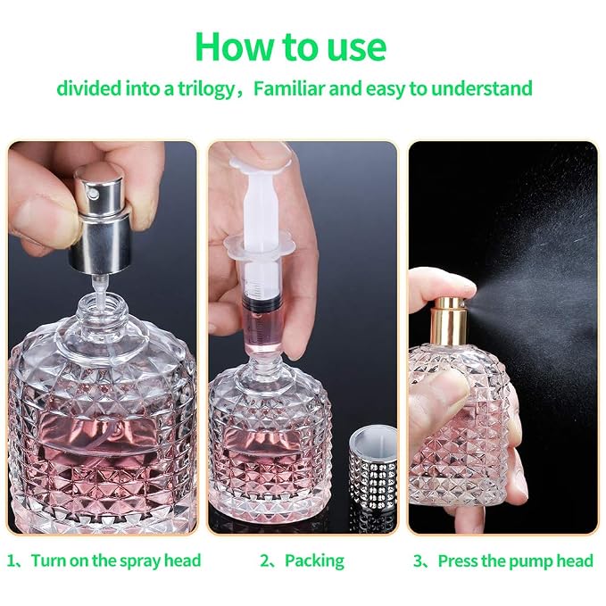 2 Pack 50ml Thick Empty Clear Glass Fine Mist Spray Luxury Refillable Perfume Bottles Atomizer Spray Bottle with 4 kinds of perfume dispenser (Silver cap and Gold cap)