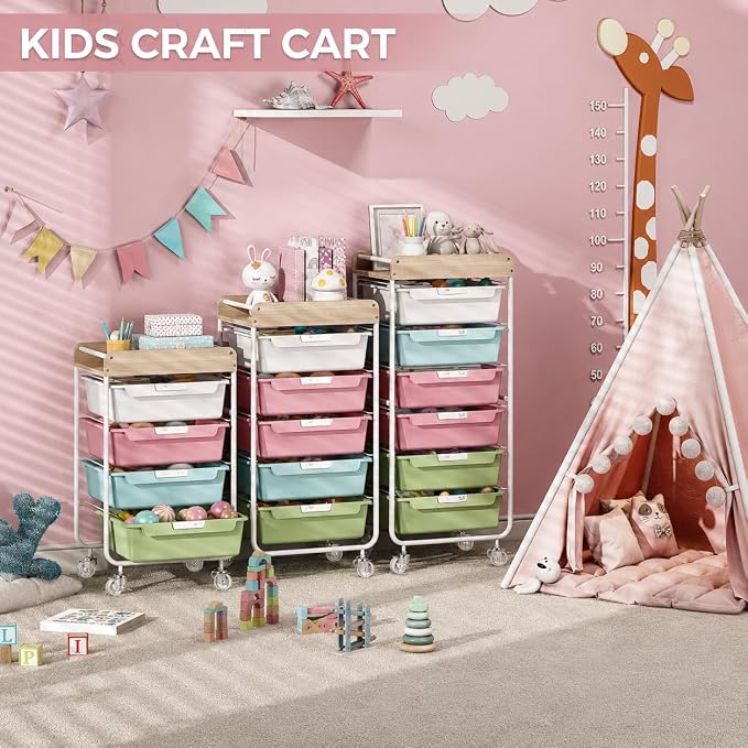 Rolling Craft Storage Cart with 4 Drawers,Utility Cart with Drawers,Art Craft Organizers and Storage,Kids Craft Cart,Kids Art Cart With DIY Lable and Wooden Tabletop Area,Colorful