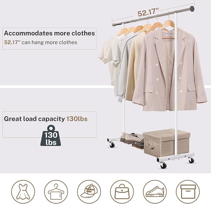 VICERII Clothes Rack, 130LB Capacity Heavy Duty Clothing Rack with Wheels and Bottom Shelf, 52.17 Inch Rolling Racks for Hanging Clothes, Coats, Shirts, Sweaters, Skirts, Dress, White