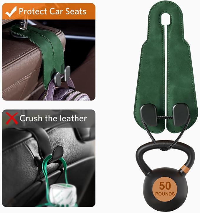 CoBak Purse Hook for Car - Universal Premium Stitched Leather and Aluminum-Magnesium Alloy Double Car Seat Back Storage Hook for Purses, Handbags, Bags (2 Pack),Emerald