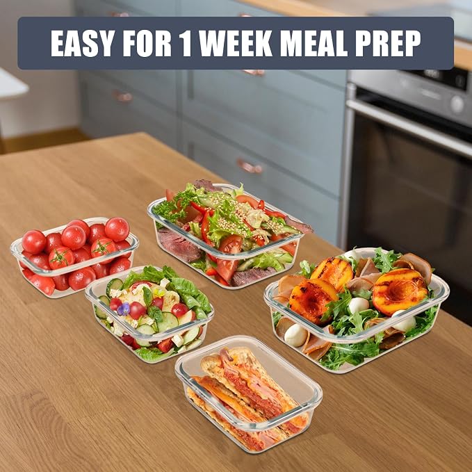 6pack Glass Meal Prep Container, Food Storage Containers with Airtight Lids | Glass Lunch Containers with Airtight Lids, Microwave to Freezer Safe, Dishwasher Safe