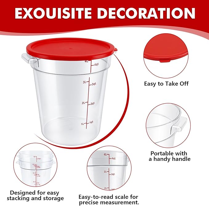 4-Pack Food Storage Containers with Lids,Round Plastic Containers for Kitchen, Food Grade, BPA-Free, Stackable, Clear Red Storage Buckets (Red, 4L)