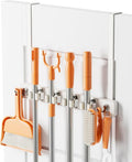 Mop and Broom Holder Wall Mount, No Drill Over the Door Broom and Mop Holder with 4 Slots and 4 Hooks, Wood Tool Hanger for Laundry, Cabinet, Kitchen, Garage