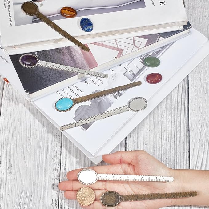 SUNNYCLUE 12Pcs DIY 6 Sets Metal Bookmark Blanks Natural Gemstone Oval Cabochons Ruler Bookmark Bezel Trays Book Mark Blanks Bezels Antique Silver Bronze Cabochon Bookmarks Making Kit for Men Women