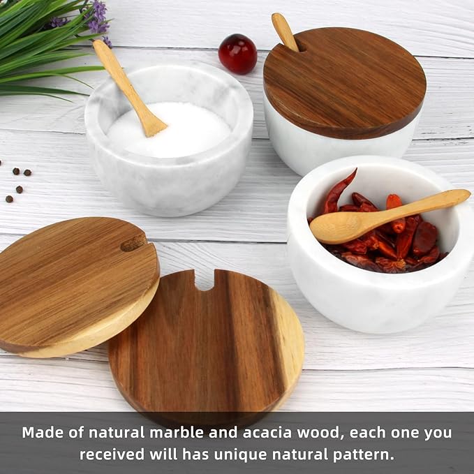 Salt Cellar Box with Lid & Spoon, Modern White Stone Salt or Pepper Sugar Spice Seasoning Bowl Container Jar Holder Well Keeper Dish Pig Crock for Kitchen (White Grey Marble Bowl)