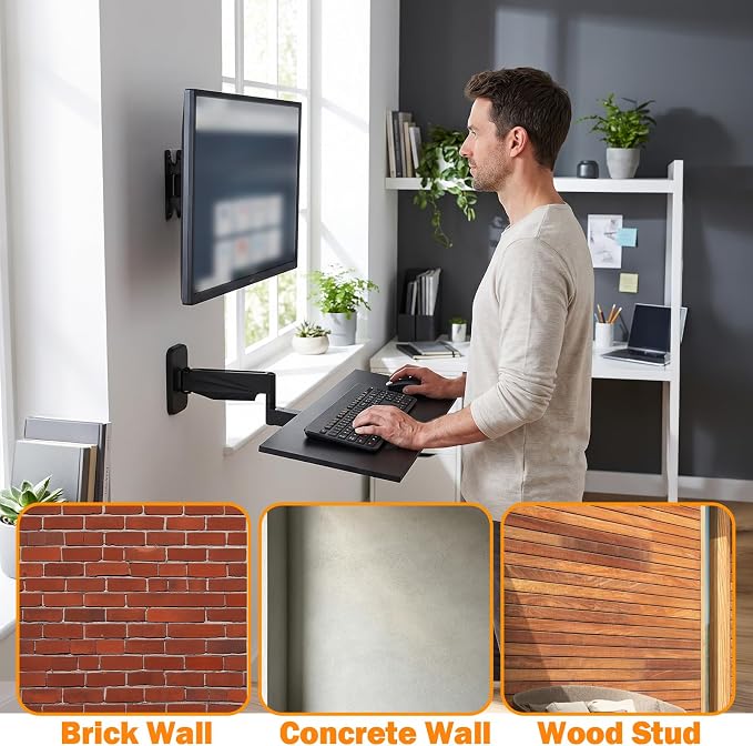 Keyboard Tray Wall Mount with Spring Arm, 23 Inch Keyboard and Mouse Platform, Height Adjustable Typing Stand, Wall Mount Holder for Laptop Desk Workstation, Home Office, Medical, Gaming (Wall)