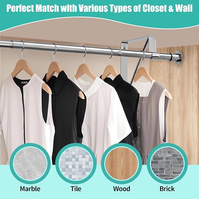 Closet Rod, 16 to 100 Inch Closet Rods Heavy Duty Adjustable Wardrobe Poles for Hanging Clothes and Heavy Duty Bracket Closet Pole Support (The Shelf NOT Included)(Silver)