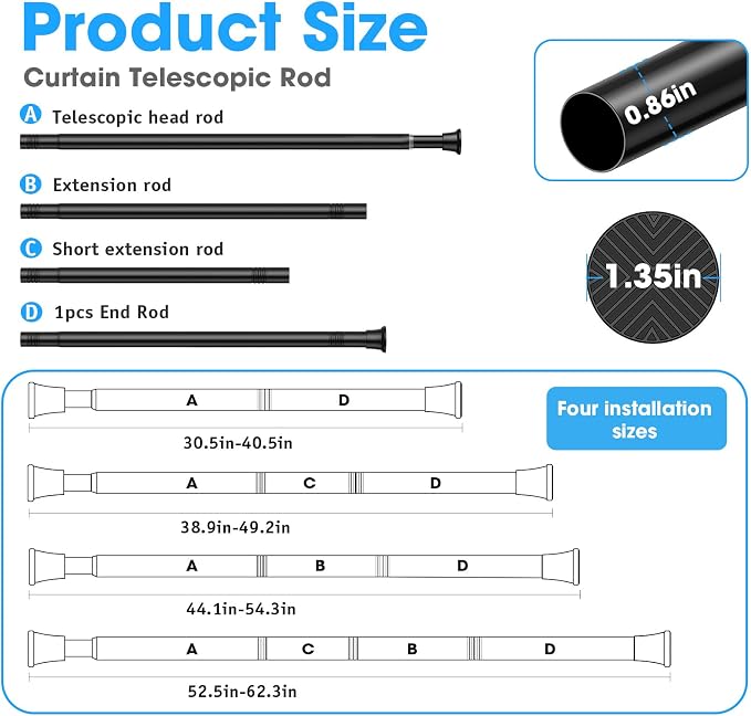 MEXAU 1 Pack Tension Curtain Rods 31-62 Inch,Adjustable Spring Tension Rods Black Shower Curtain Rod No Drilling for Window, Bathroom, Closet, Room Divider, 7/8" Diameter