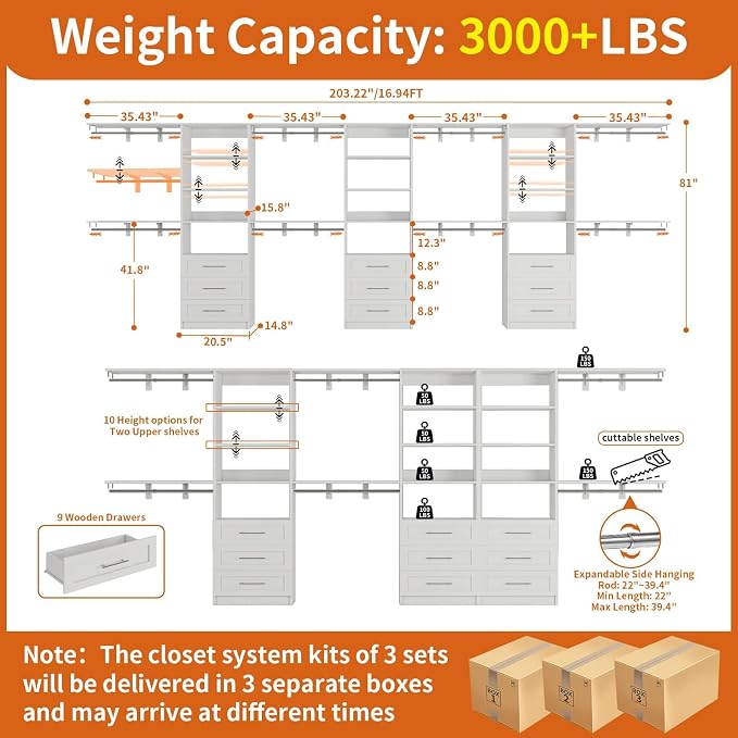 Closet System with 9 Drawers, 9-17FT Custom Closet Organizer System Wood with 9 Hanging Rods & Adjustable Shelves, Walk in Closet Organizer Shelving System, Modular Closet Systems Kits, 3 Sets, White