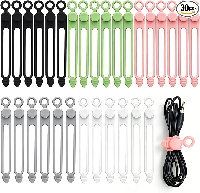 30Pcs Silicone Cable Ties Reusable Wire Organizer Straps for Cord Management, Fastening Earphones,Chargers, Home Office,Desk,Kitchen Appliance Cables & Wires Cable Ties Cord Organizers(5 Colors)