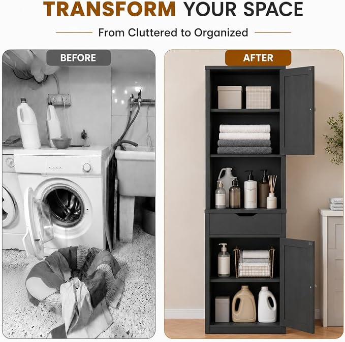Walsunny Tall Bathroom Storage Cabinet with 6 Adjustable Shelves, Black | Anti-Tip Safety, Waterproof MDF, 2 Doors + 1 Drawer, Easy Assembly, for Bathroom/Living Room/Kitchen