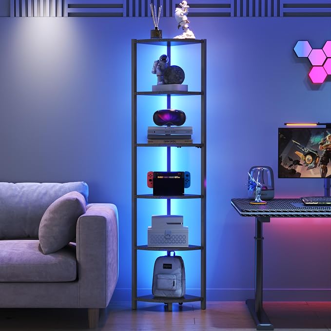 Corner Shelf with LED Lights, 6-Tier Corner Bookshelf, 66'' Organizer Book Shelf Shelves Steel Frame Display Stand with Living Room, Bedroom, Study, Black