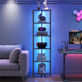 Corner Shelf with LED Lights, 6-Tier Corner Bookshelf, 66'' Organizer Book Shelf Shelves Steel Frame Display Stand with Living Room, Bedroom, Study, Black