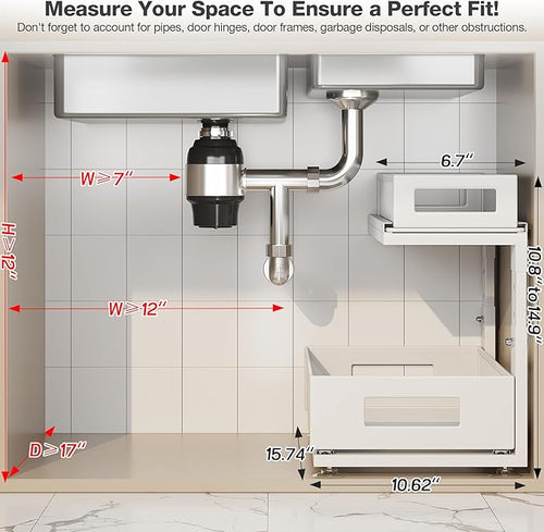 1 Pack Under Sink Organizer with Next-Gen Ball-Bearing Slides,2-Tier Pull Out Cabinet Storage,Height Adjustable Drawer Shelf for Bathroom,Kitchen,Laundry,Cabinet,Pantry-White