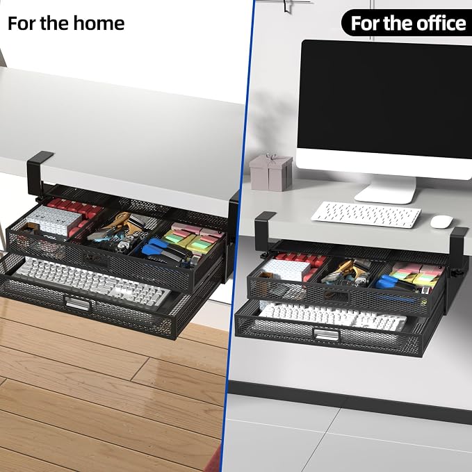 Under Desk Drawer Organizer No Drilling 2 Slide Out Drawer Under Table Storage Drawer Clamp On Under Desk Management Drawer Organizer Suitable for Home and Office