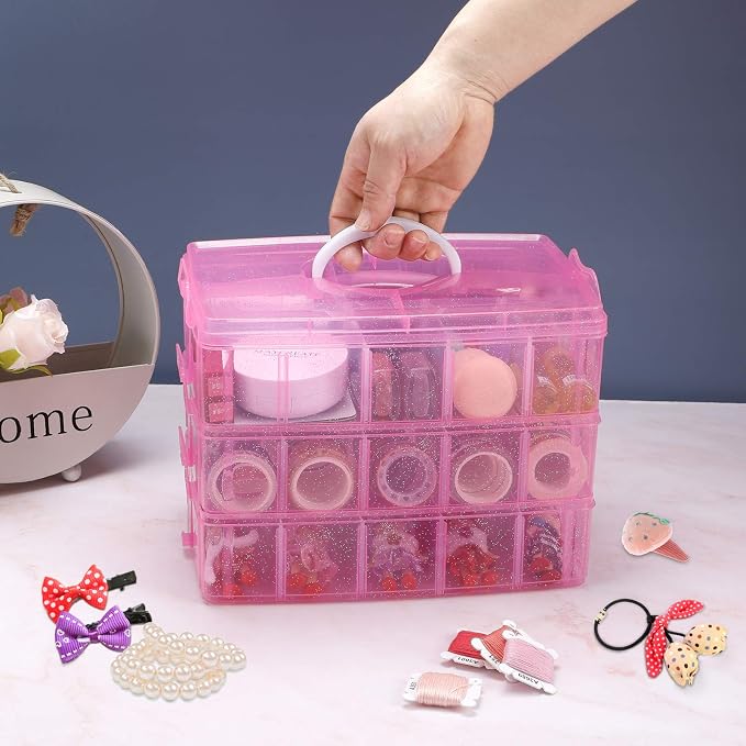 Bead Organizer 3 tier 30 grid Stackable Craft Hair Tackle Storage Pink