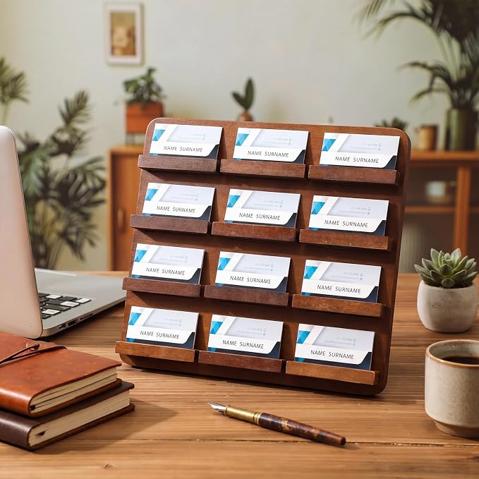 Leinuosen 4 Tier Wood Multiple Business Card Holder Desktop 12 Slot Business Card Holder for Desk Gift Postcard Display Rack Pamphlet Display Stand for Office Meeting Home (12.6 x 12.99 Inch)