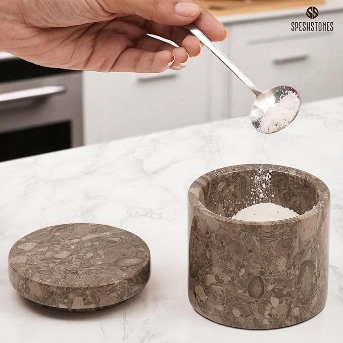 Marble Salt Cellar 3 Inch Flaky Salt Containers for Countertop - Sugar Bowl With Lid, Salt Holder, Spice Jars, Salt Box for Seasoning Storage Container, Salt Dish for Kitchen Decor