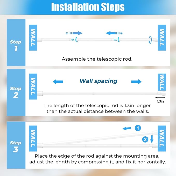 Spring Tension Curtain Rods 33-59 Inch White 1 Pack | No-drill & tool-free setup. Fits windows, kitchens, doorways. Rust-resistant, great for light curtains.