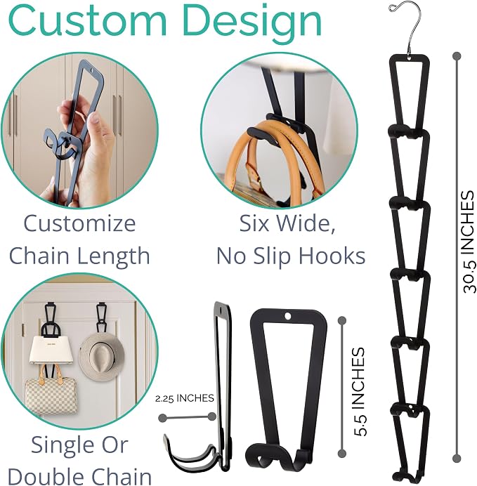 TERRA HOME Purse Hanger Closet Organizer Improved Design Bag Chain Hooks for Wall - Compact, Efficient Storage Solution for Bags, Purses, More as Over the Door, in Your Closett or Wall Mount