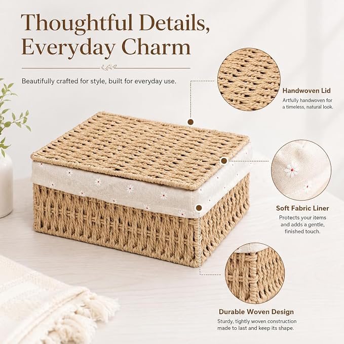 1PC Woven Storage Basket with Lid for Closet Shelf-Khaki Large | Bathroom, Closet & Shelf Storage Basket, Sewing & Towel Basket, Blanket & Toy Storage, Woven Basket with Liner