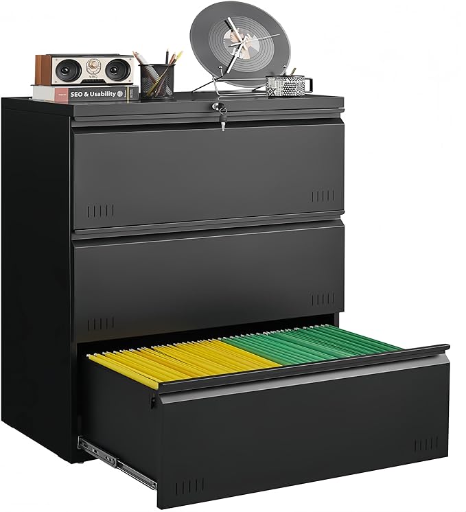 Guizeeopo Metal File Cabinet with Lock, 3 Drawer Lateral File Cabinets for Home Office, Heavy Duty Office Storage Cabinet for A4/Letter/Legal Size, Assembly Required(Black)