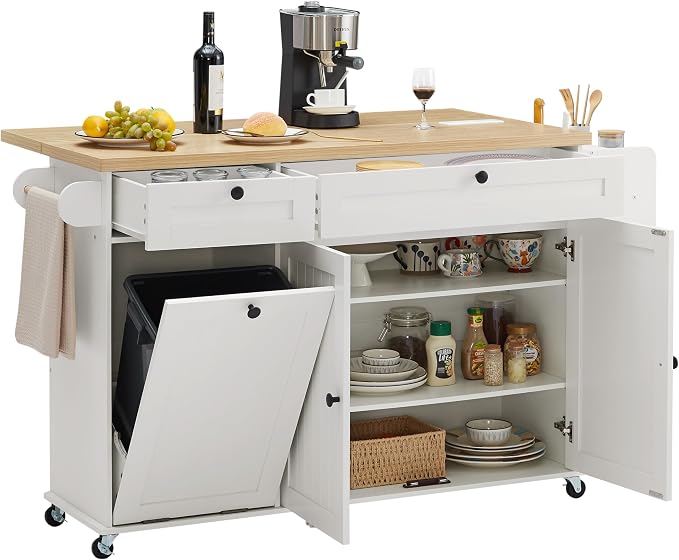 ONBRILL 60" Kitchen Island with Power Outlet & Drop Leaf, Rolling Island with Spice Rack & Towel Rack, Kitchen Island Cart with Trash Storage Cabinet, Island Table for Kitchen, White