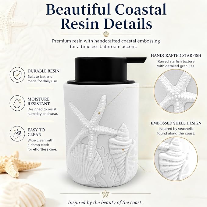 Foam Soap Dispenser, Coastal Resin Soap Pump, Refillable, 12 oz | Coastal foam soap dispenser with handcrafted starfish and seashell design for beach-inspired bathrooms.
