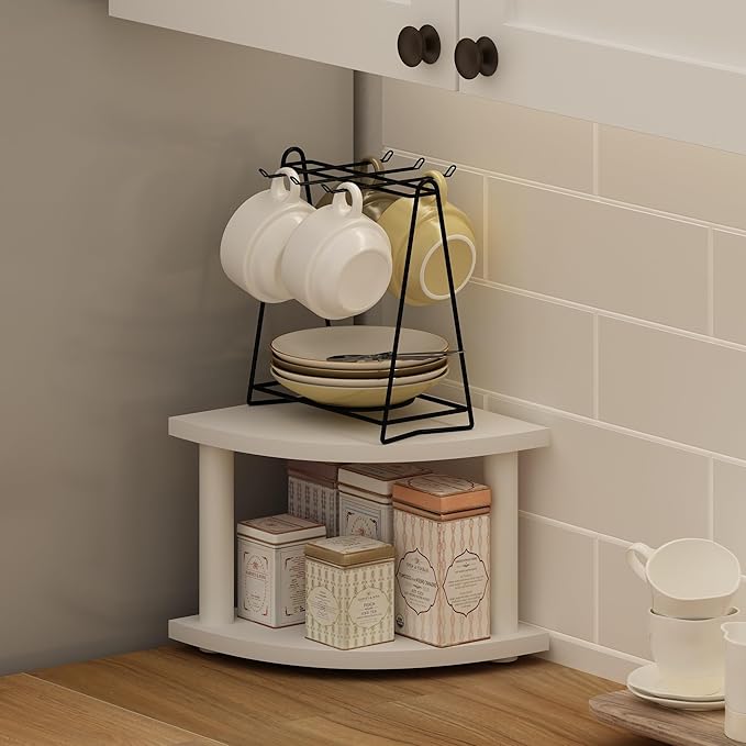 Furinno Turn-N-Tube Kitchen Countertop Organizer, 2-Tier Corner Countertop Organizer Shelf, Corner Shelf, for Kitchen, Pantry, Organizers and Storage, White