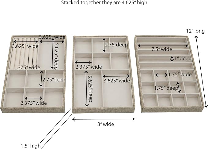 Household Essentials Stackable Jewelry Trays, 3 Varieties, Space for Necklaces, Rings and Earrings, Blended Canvas with Felt Interior, Perfect for Drawers and Closet Shelves, Latte